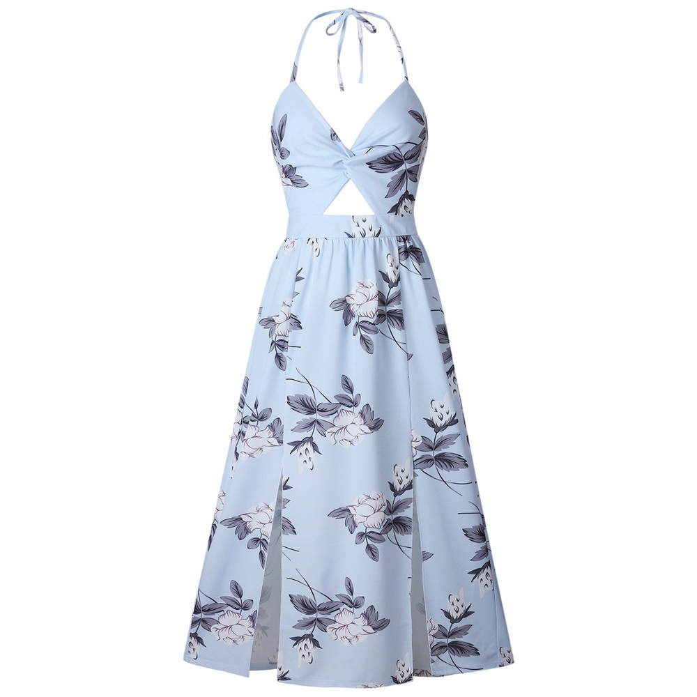 B2G1♦️🆕Floral Straps Tie Maxi Slit Dress Blue - Picture 4 of 6